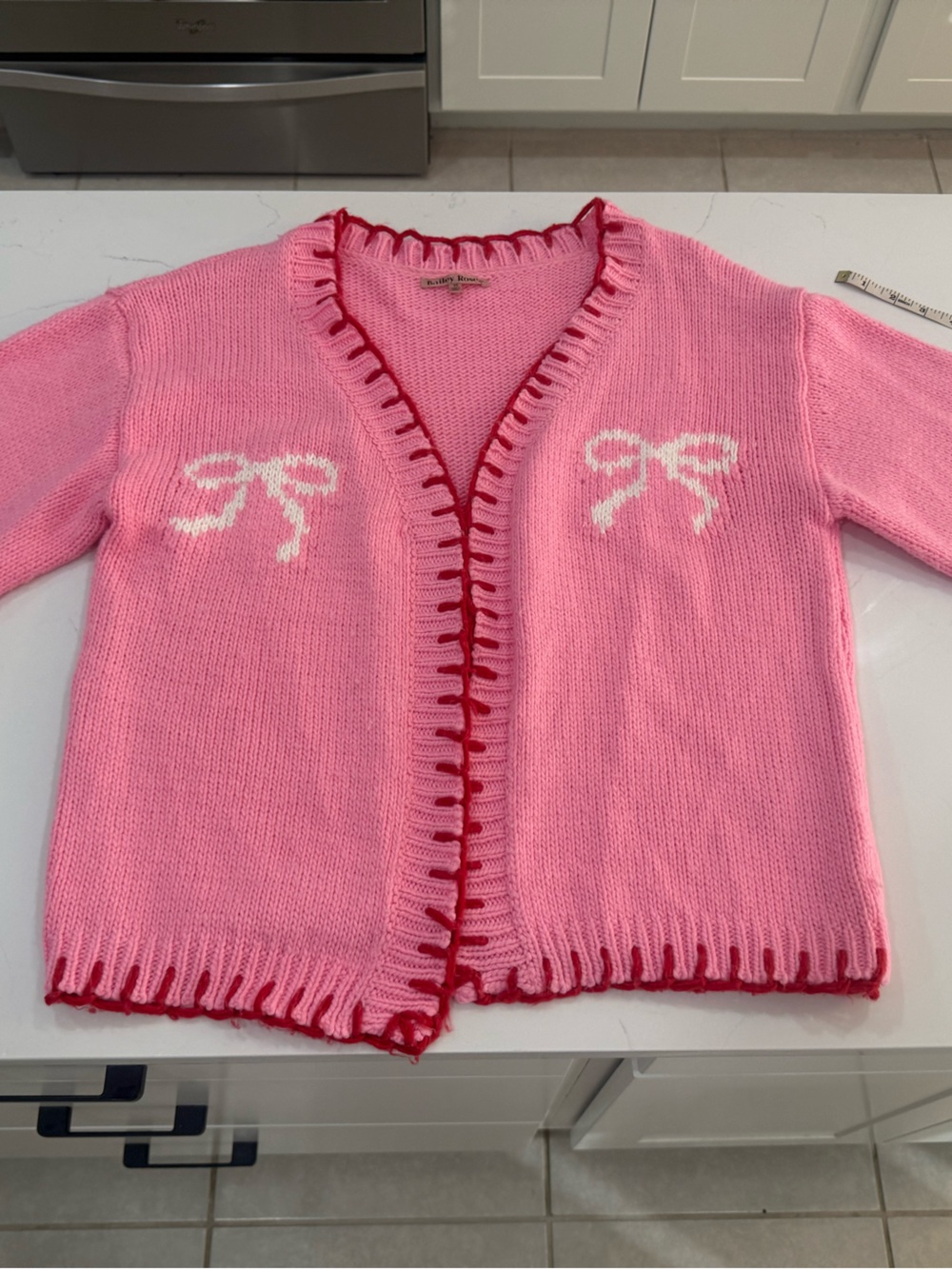 Bailey & Rose Pink Knit Cardigan Red Trim Bow Detail | Preppy
